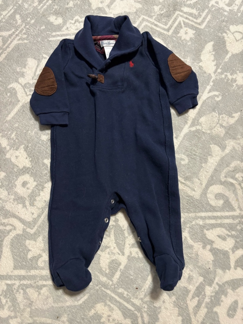 Ralph Lauren Navy Footed One-Piece with Brown Elbow Patches